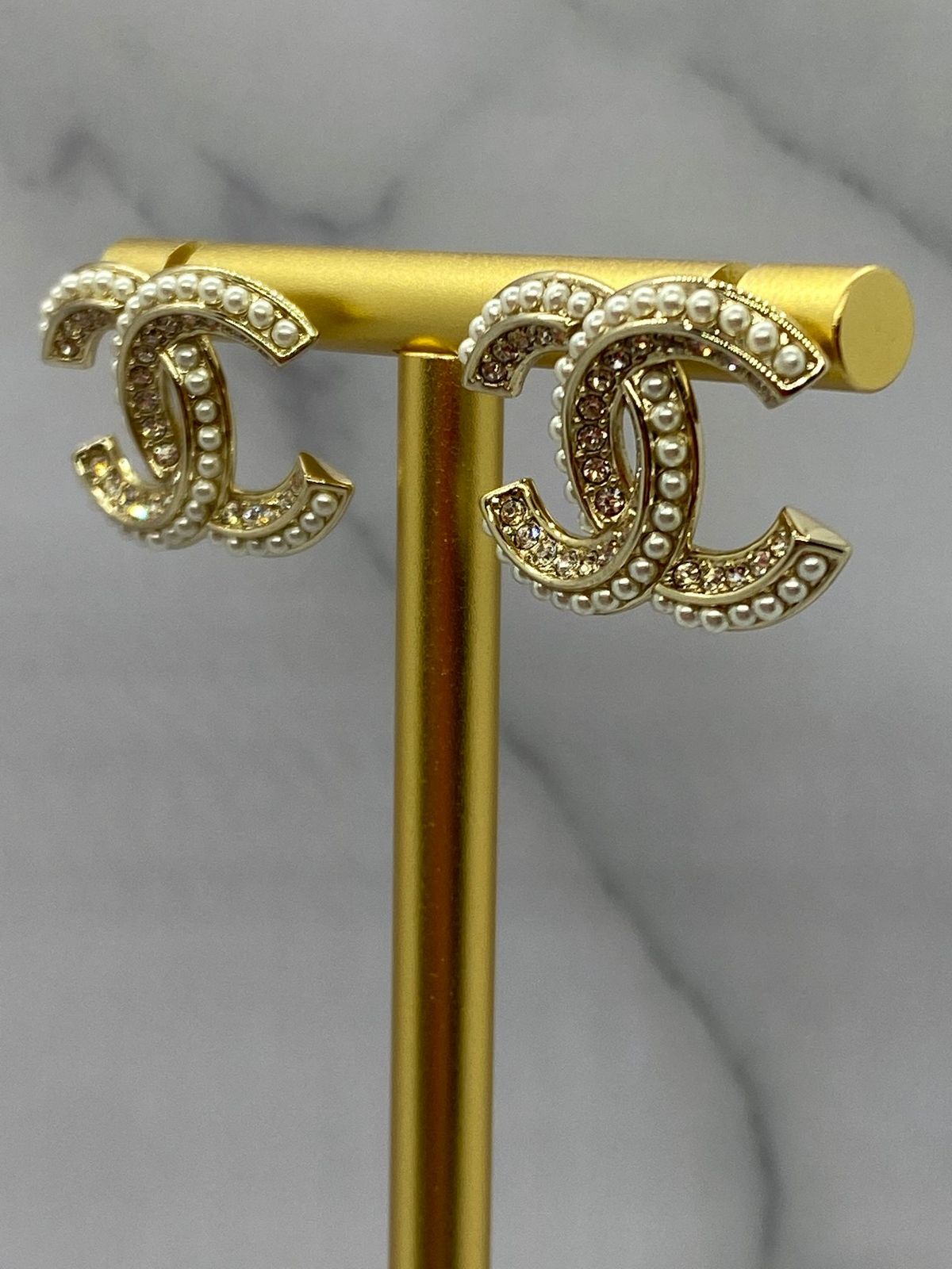 CHANEL CC Gold Tone Pearl & Rhinestone Small Earrings - Pre owned