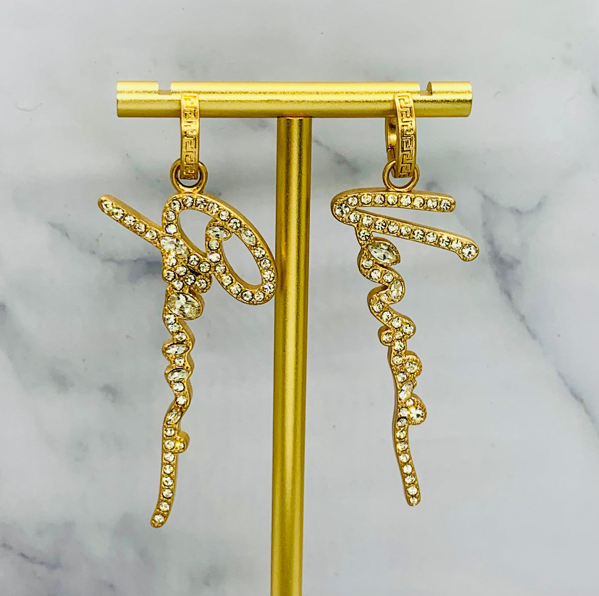 VERSACE Rhinestone Script Pendant Earrings - Pre owned