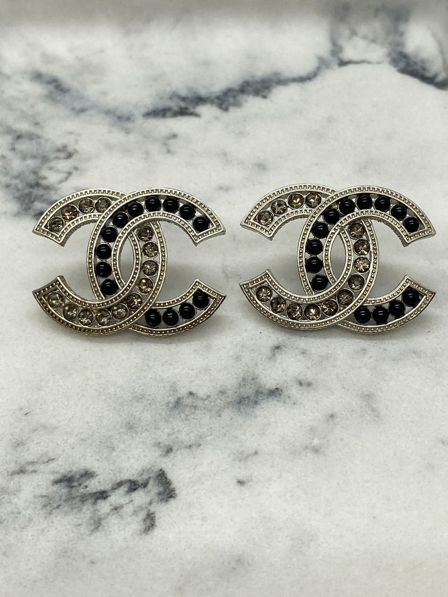 CHANEL CC Silver Tone Black Pearl Trim Earrings - USED