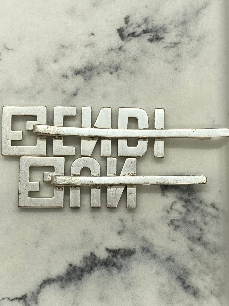 FENDI FF Fun Silver Tone Rhinestone Hair Barrette Clip Set - USED
