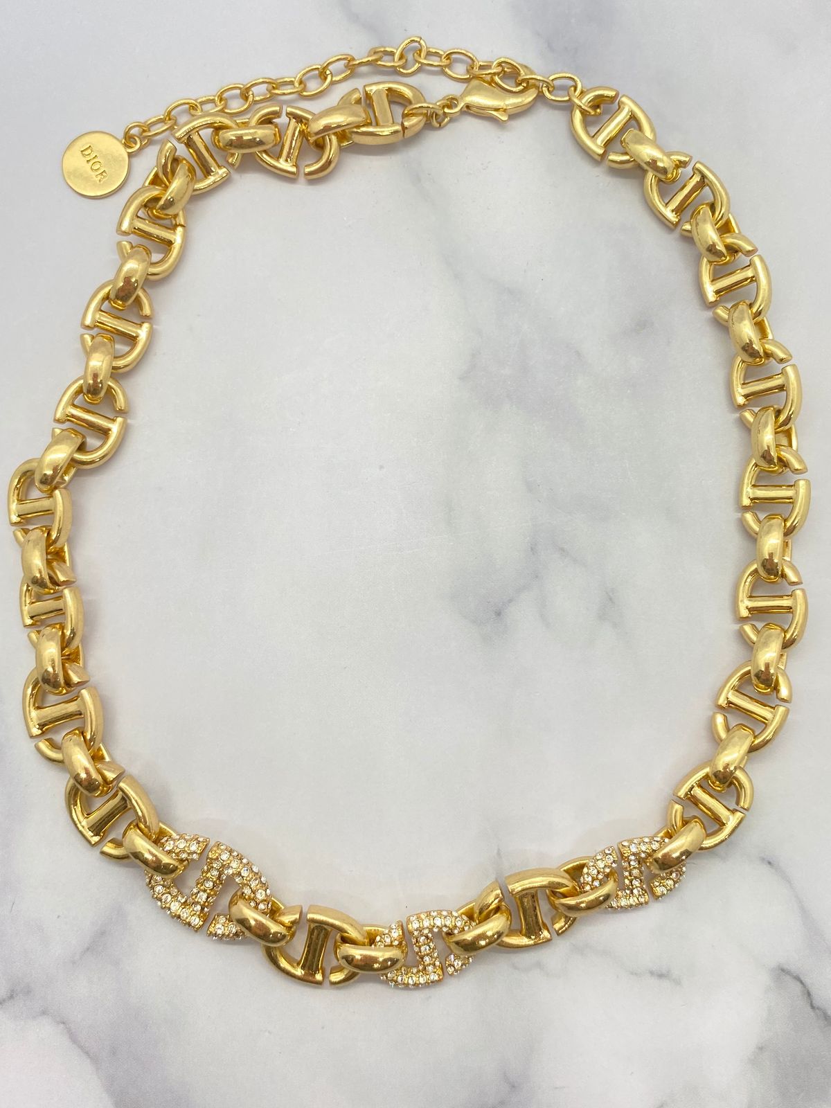CHRISTIAN DIOR CD Gold Tone Rhinestone Chain Necklace - Pre owned