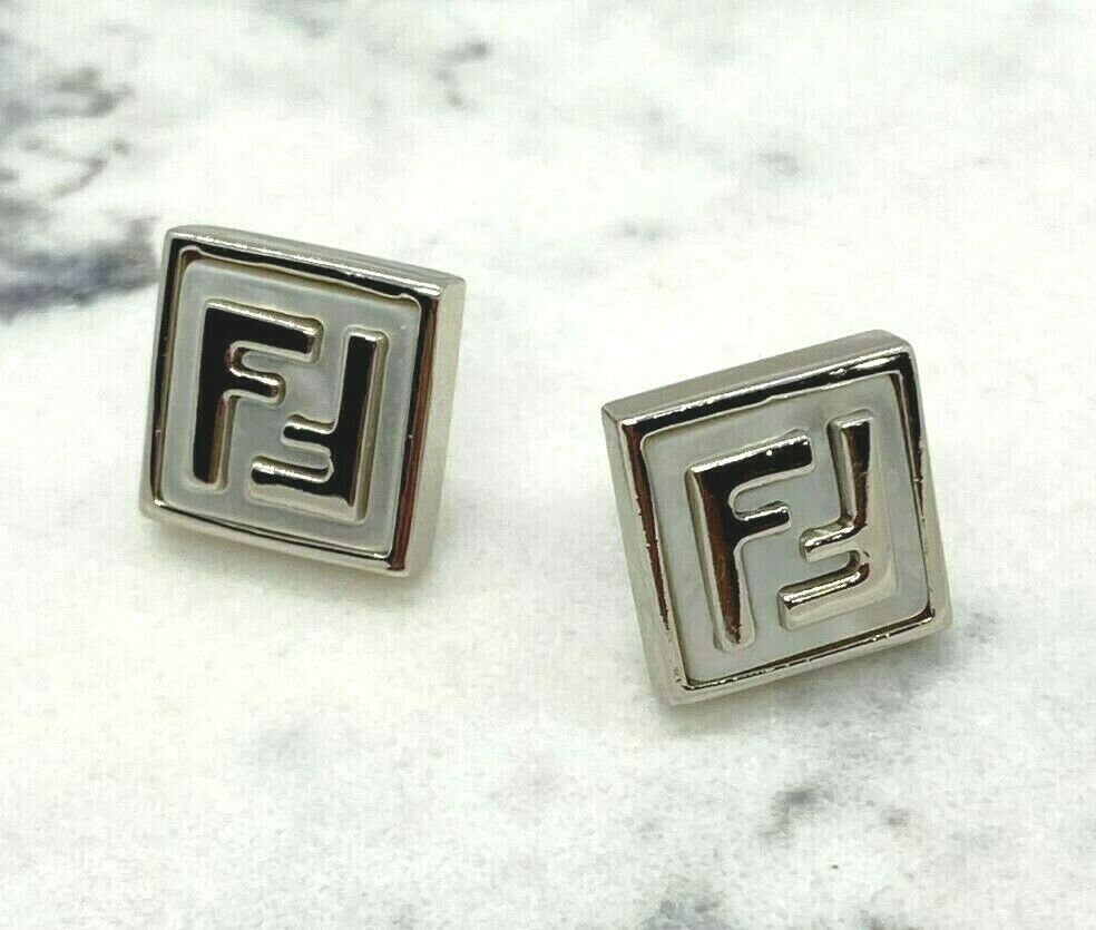 FENDI FF Silver Tone White Monogram Earrings - Pre owned