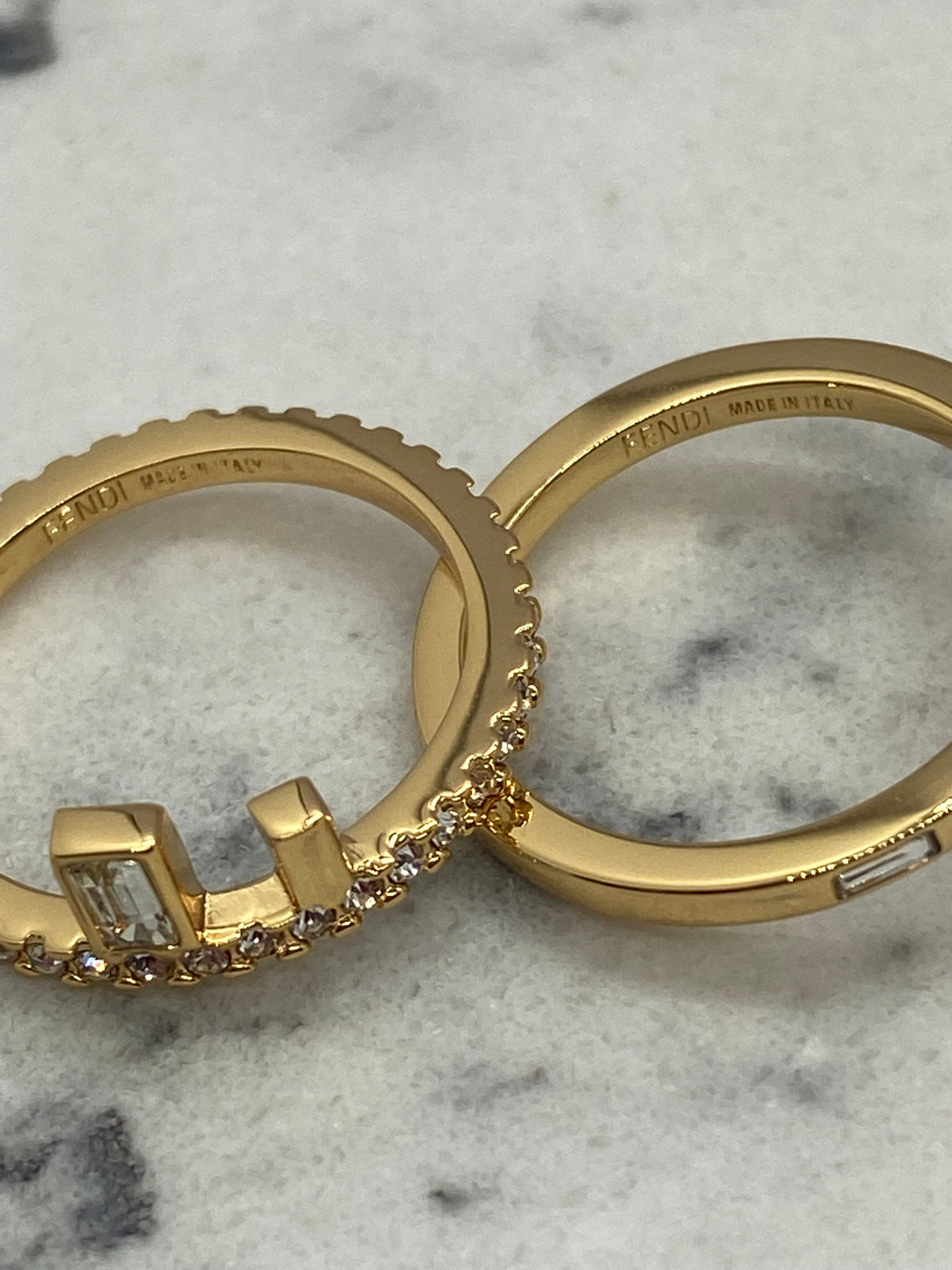 FENDI F Gold Tone Rhinestone 2 Ring Set size M - Pre owned