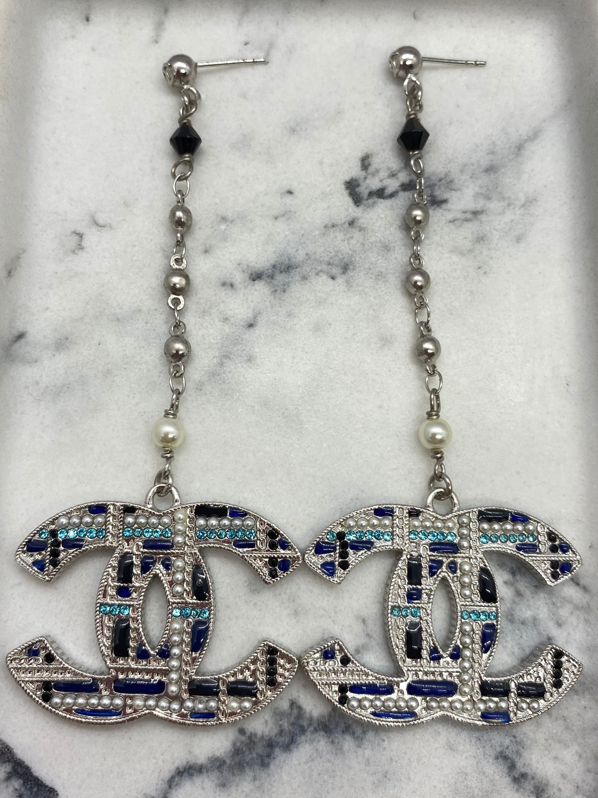 CHANEL CC Blue Plaid Pendant Earrings - Pre owned