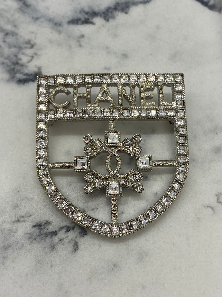 CHANEL CC Silver Tone Rhinestone Shield Brooch - Pre owned