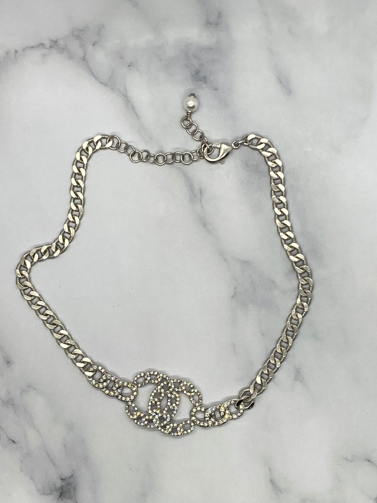 CHANEL CC Silver Tone Rhinestone Evening Choker Necklace - USED