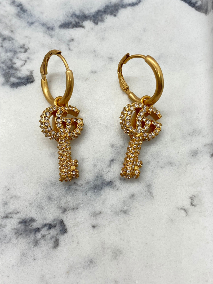 Gucci Gold Tone Rhinestone Key Earrings - Pre owned