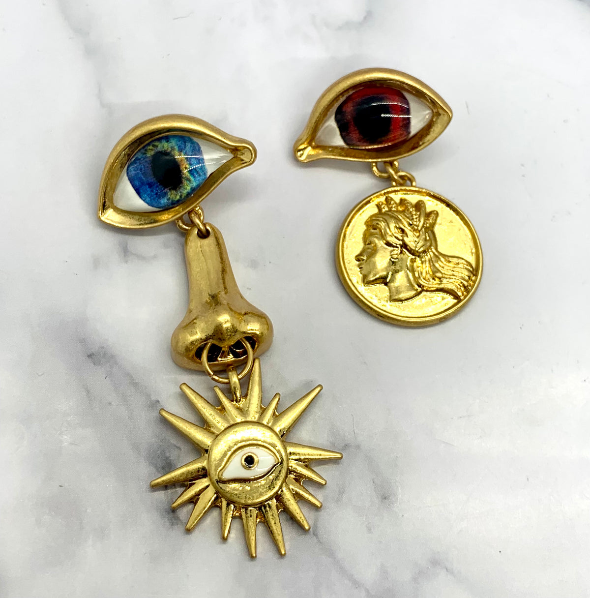 SCHIAPARELLI Blue & Brown Eye Pendant Earrings - Pre owned