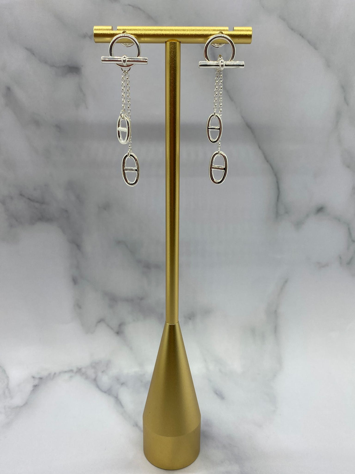 HERMES Silver Tone Monogram Pendant Earrings - Pre owned
