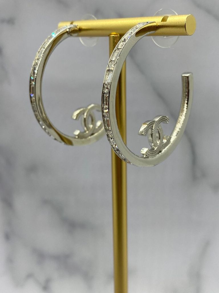 CHANEL CC Silver Tone Rhinestone Hoop Earrings - Pre owned