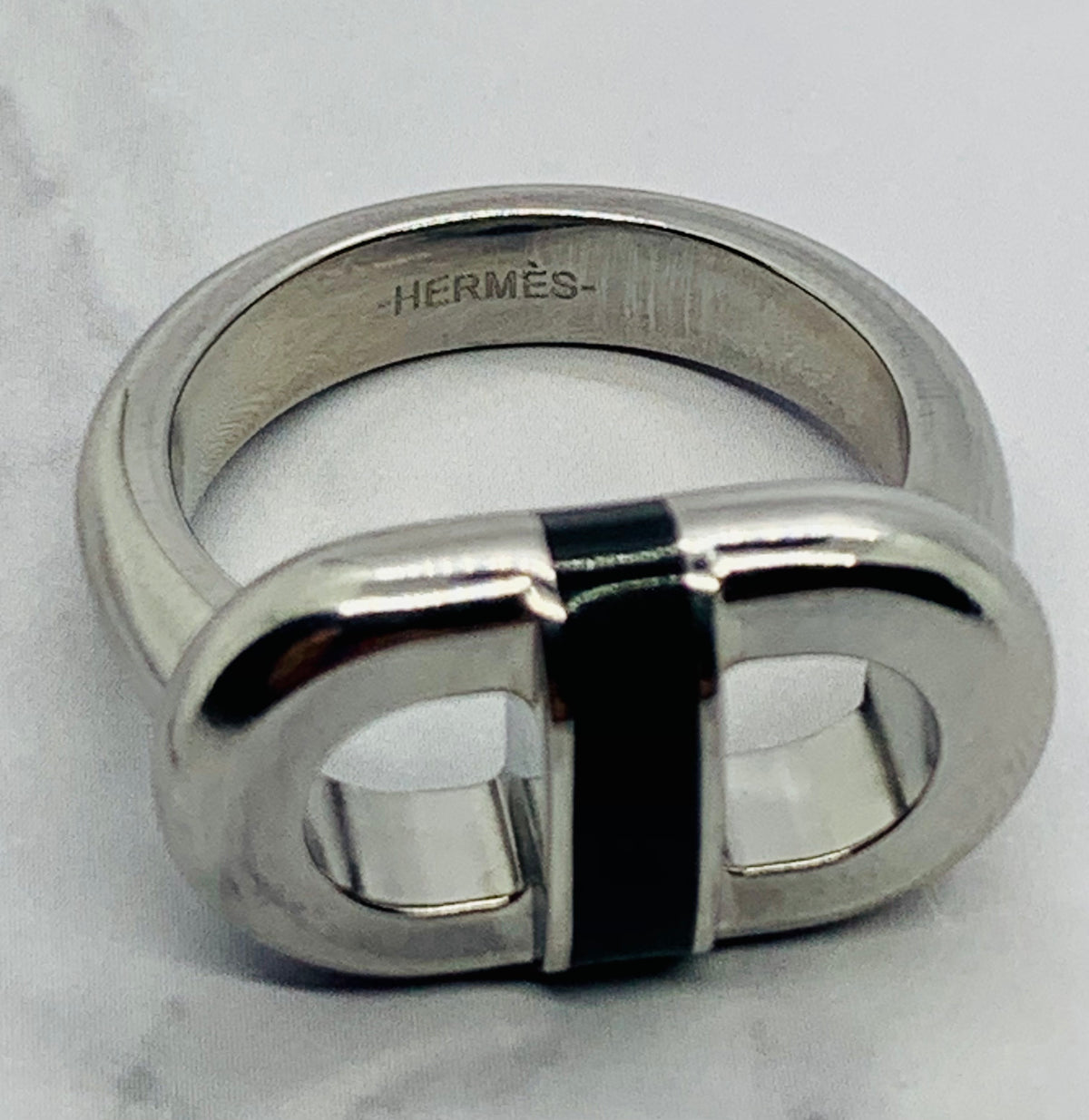 HERMES Maillon Black Steel Unisex Ring - Size 8 Preowned