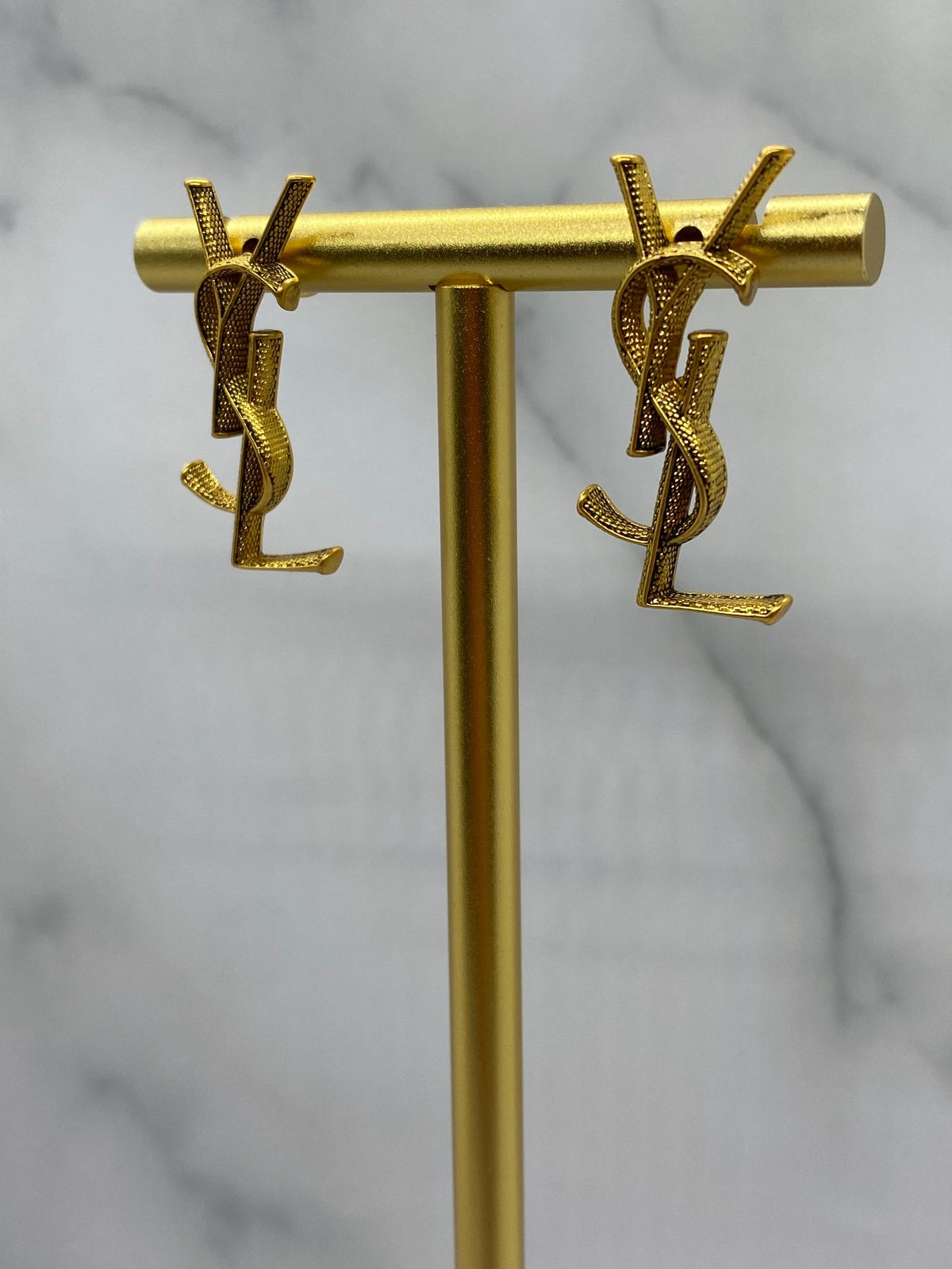 YSL Yves Saint Laurent Brass Tone Monogram Earrings - Pre owned