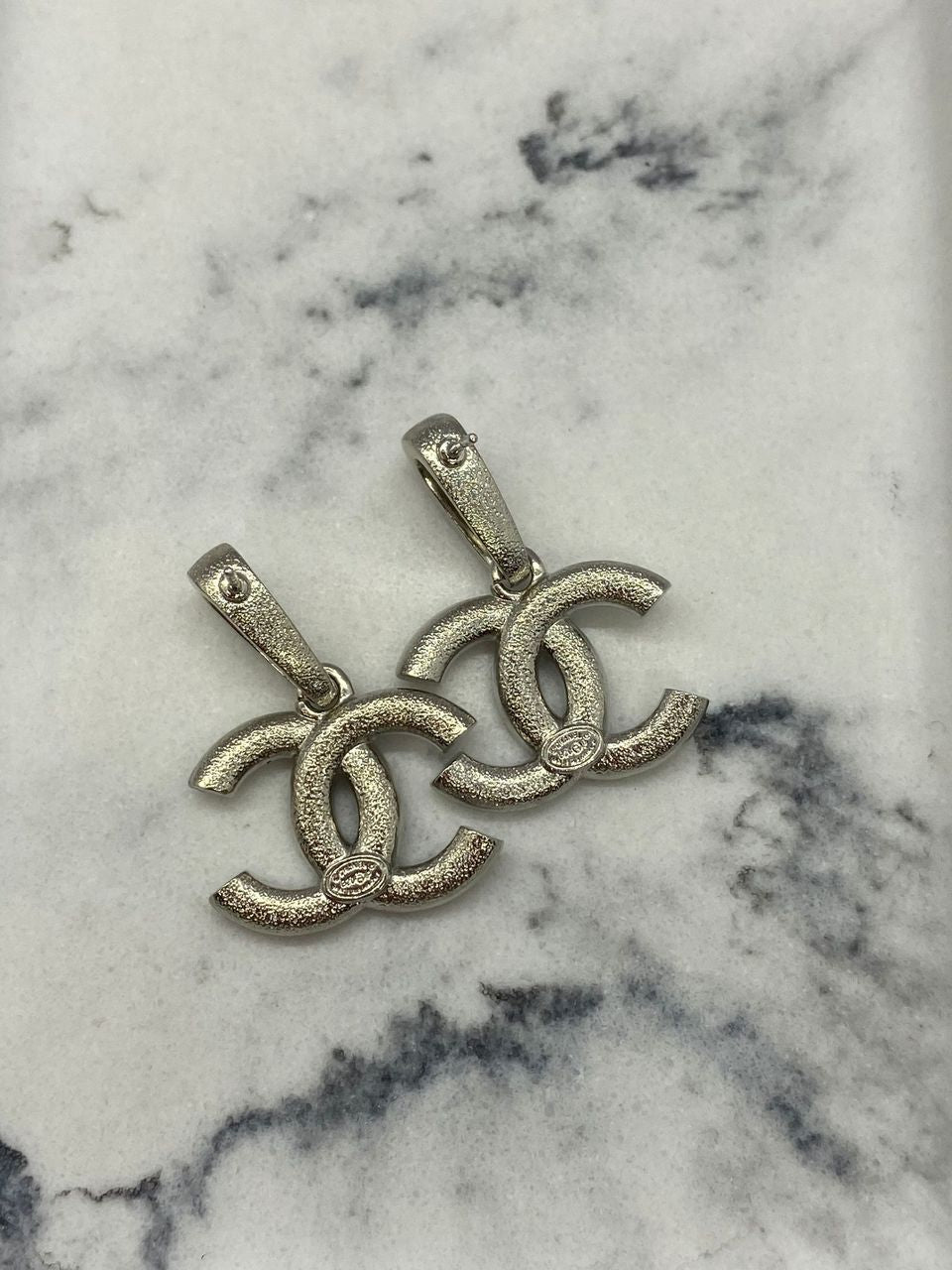 CHANEL CC Silver Tone Rhinestone Earrings - USED