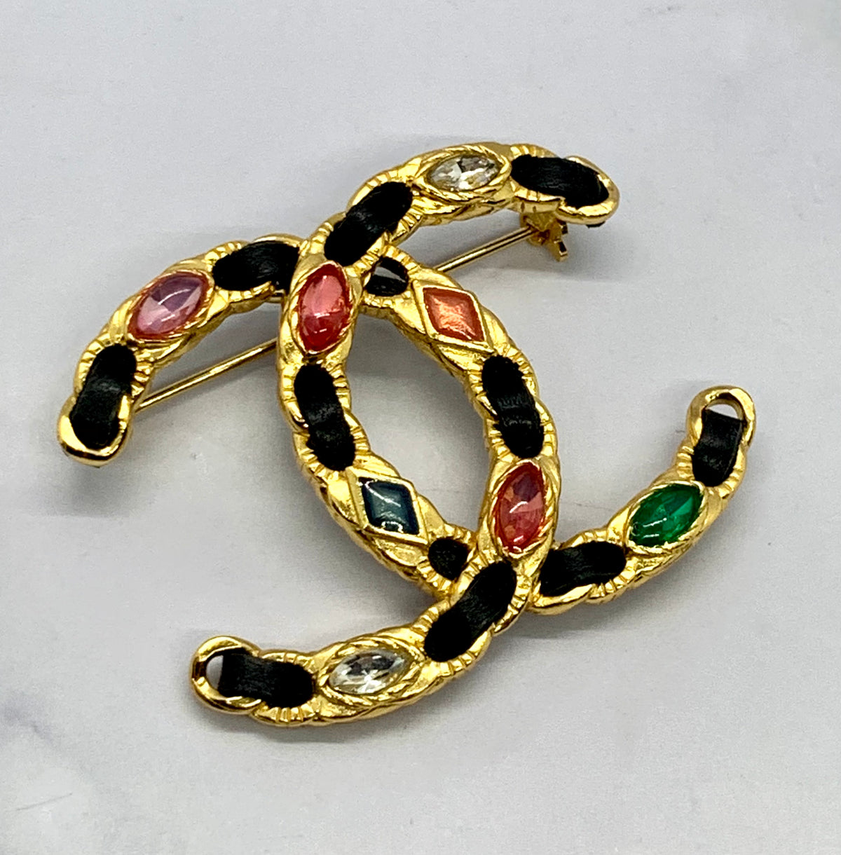 CHANEL CC Leather Trim Brooch Pin - USED