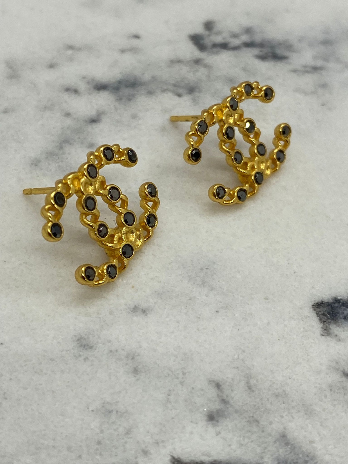 CHANEL CC Gold Tone Black Rhinestone Earrings / USED