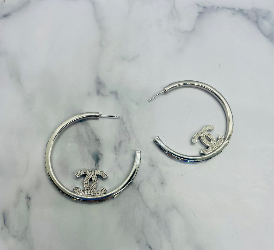 CHANEL CC Silver Tone Rhinestone Hoop Earrings - USED