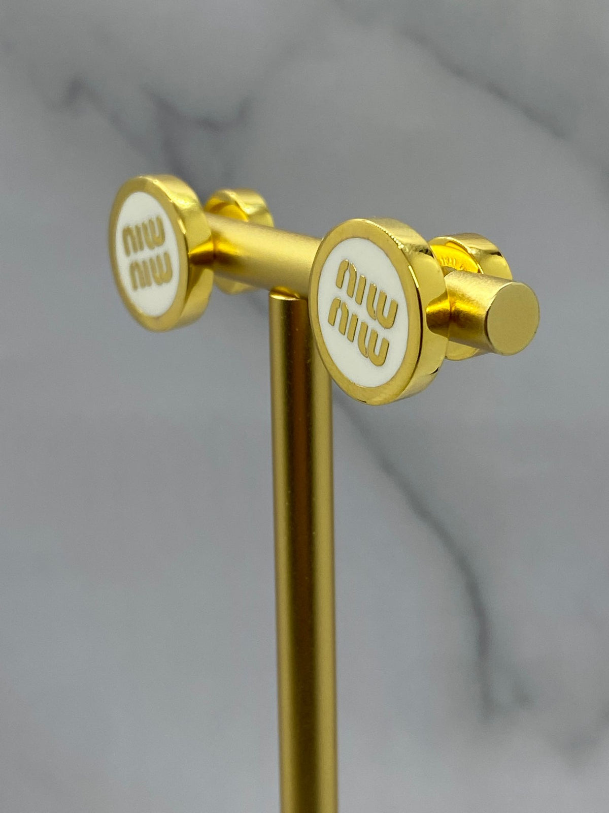 MIU MIU Gold Tone White Button Earrings - Pre owned