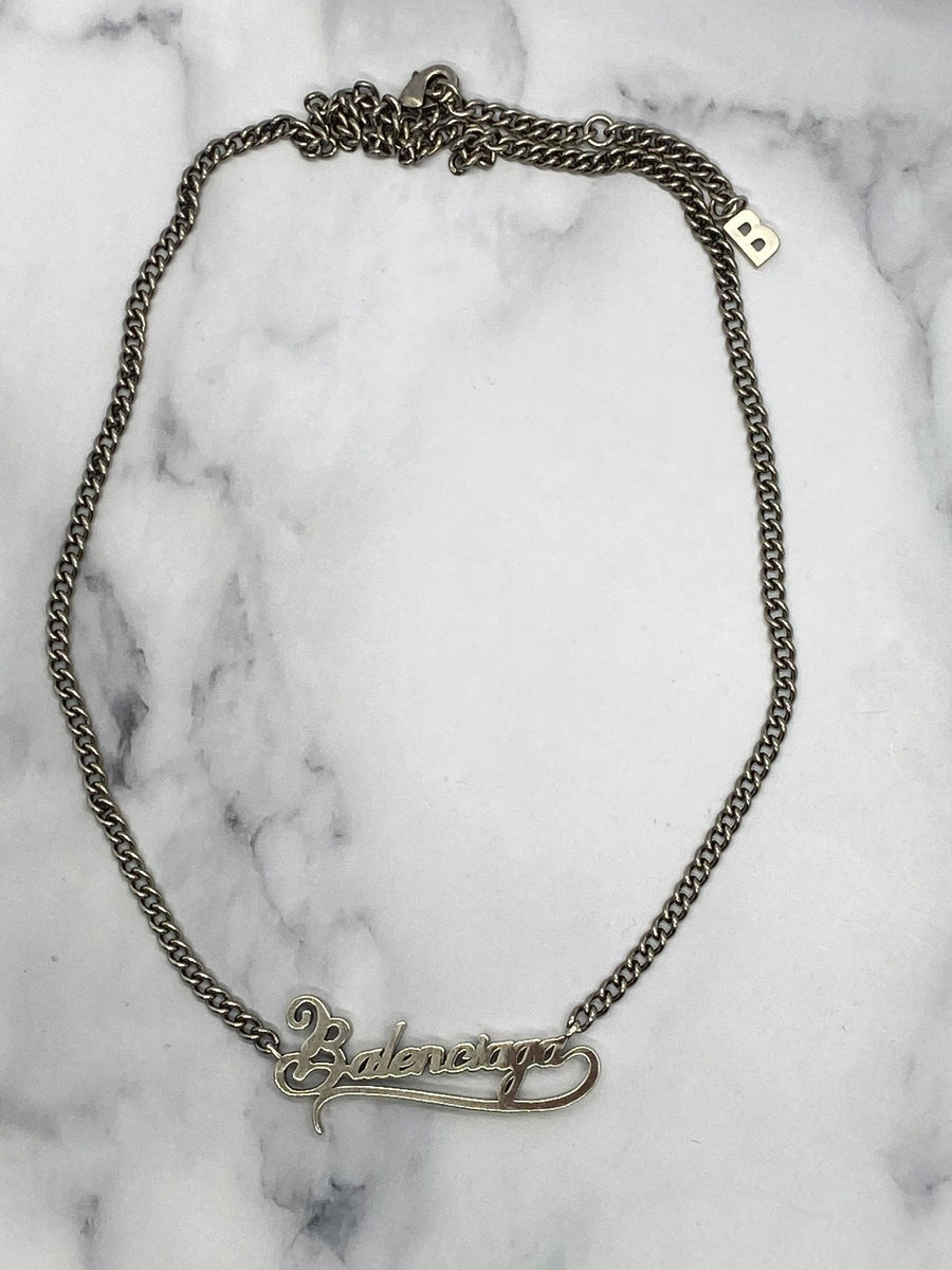 BALENCIAGA Silver Tone Script Necklace - Pre owned