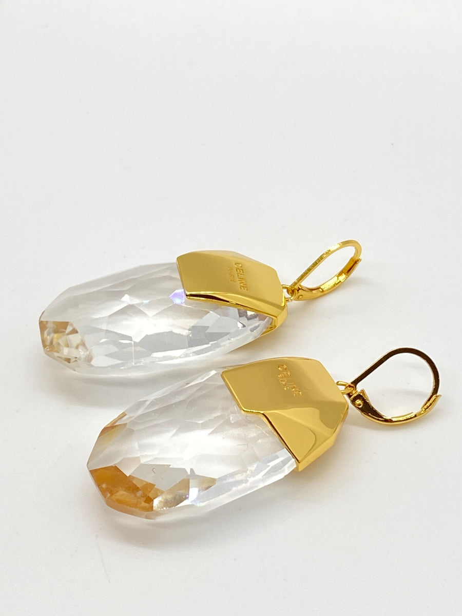 CELINE Gold Tone Crystal Pendant Earrings - Pre owned