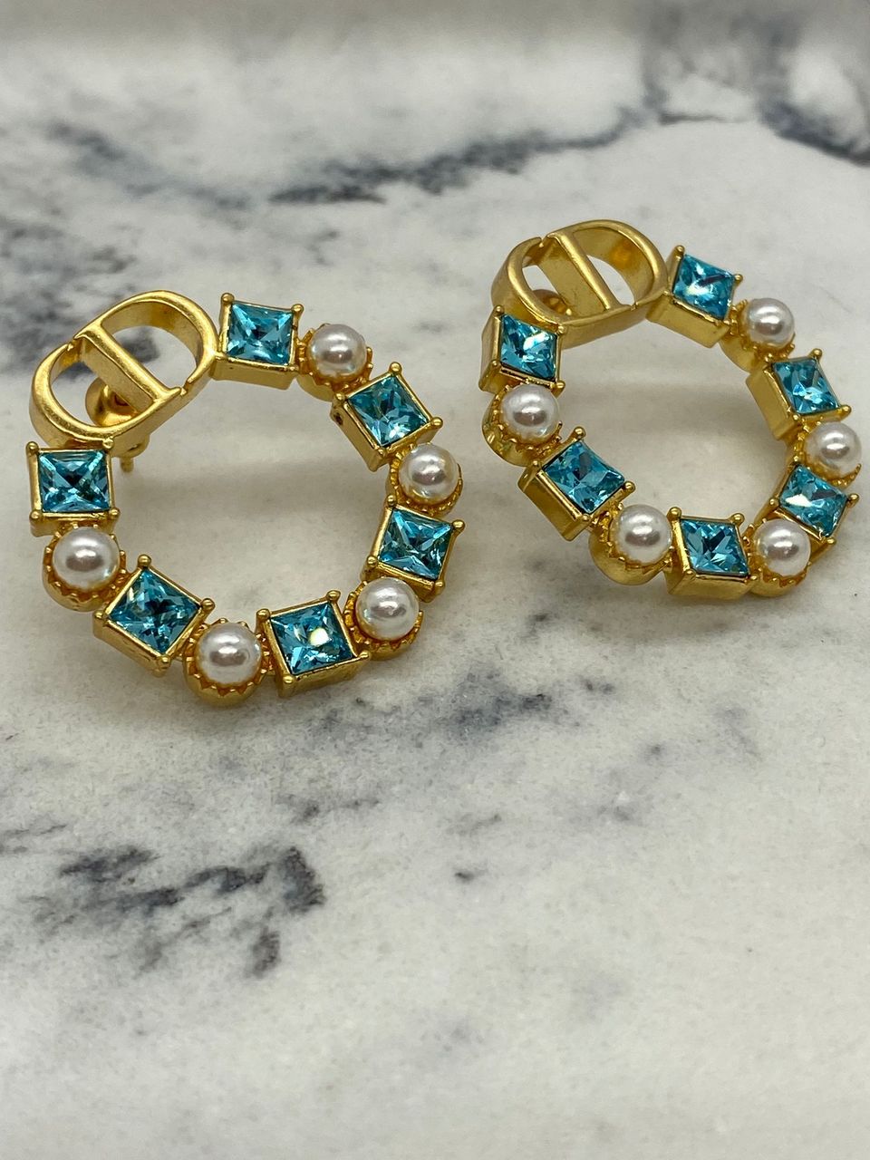 CHRISTIAN DIOR CD Blue Rhinestone Hoop Earrings - Pre owned