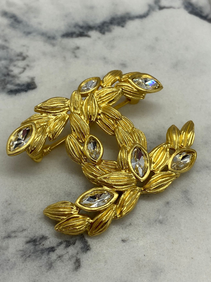 CHANEL CC Gold Leaf Rhinestone Brooch Pin - Pre owned