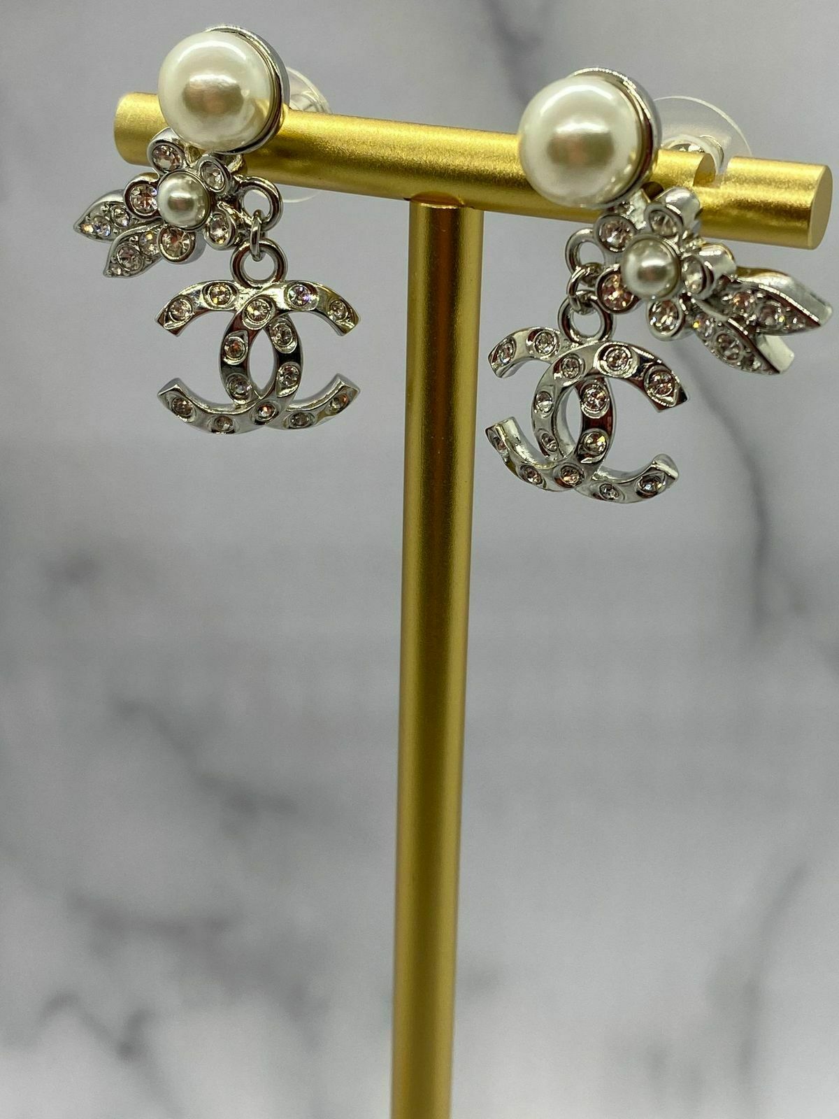 CHANEL CC Silver Tone Pearl Flower Pendant Earrings - USED