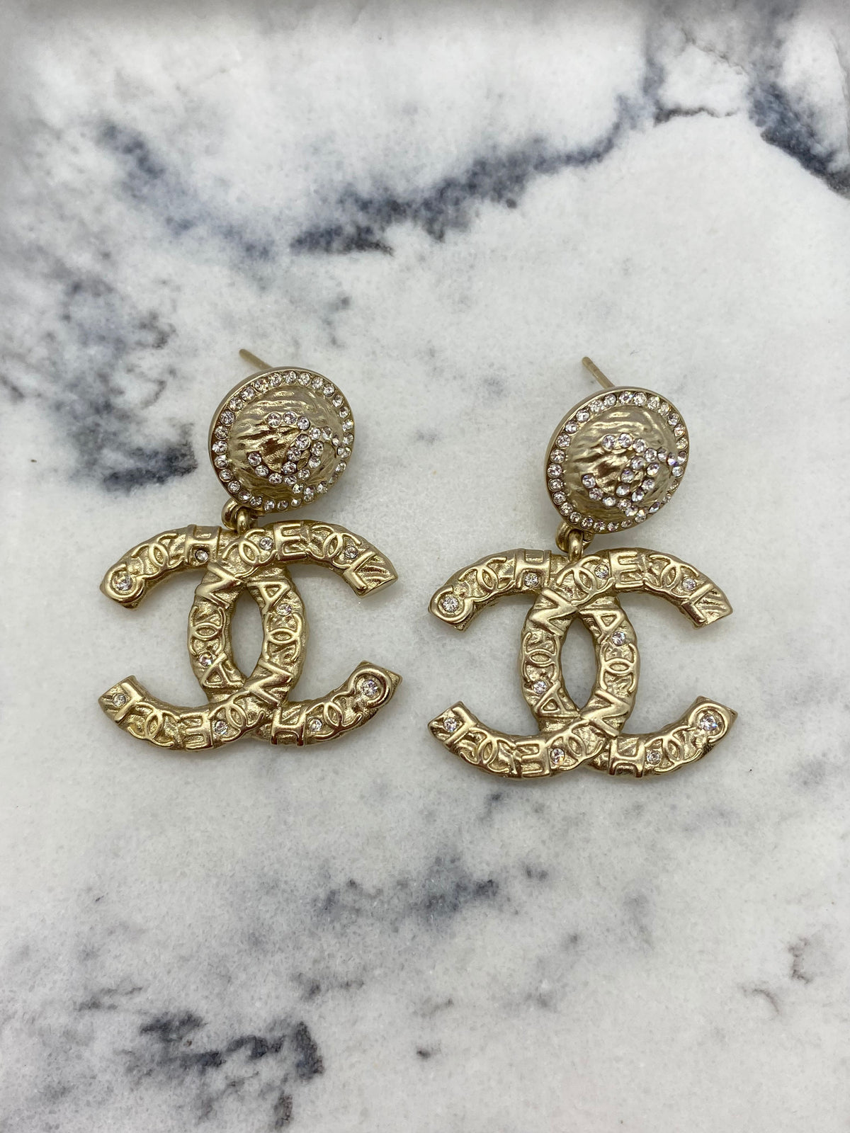 CHANEL CC Gold Tone Monogram Statement Earrings - USED