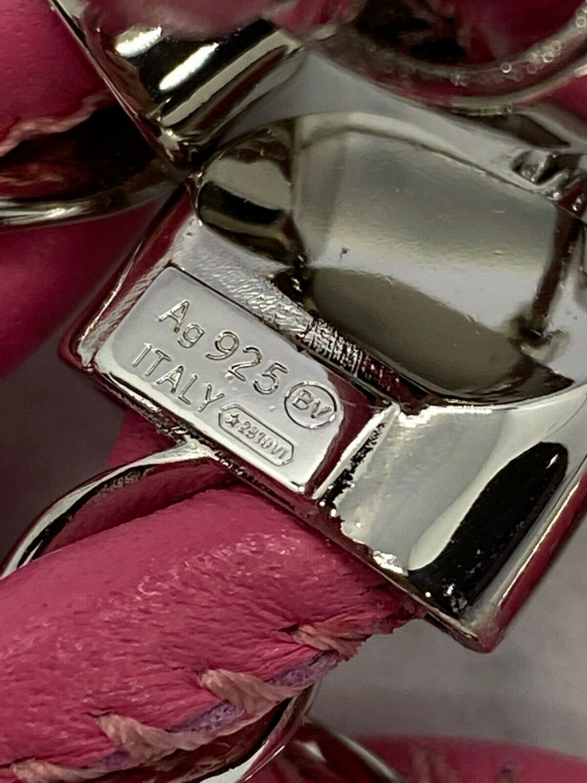 BOTTEGA VENETA Silver Tone Pink Leather Hoop Earrings - Pre owned