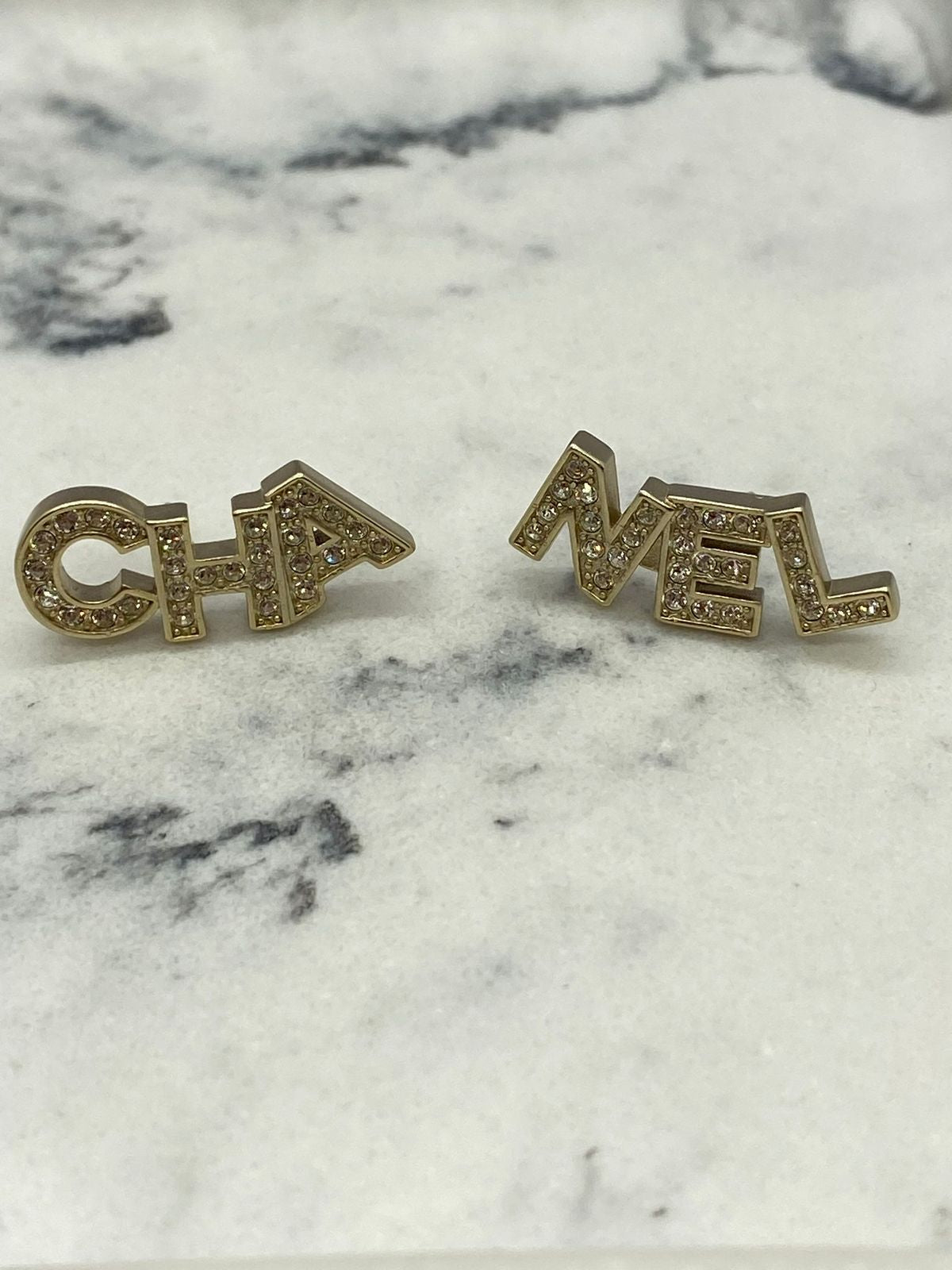CHANEL Monogram Gold Tone Rhinestone Earrings - Pre owned