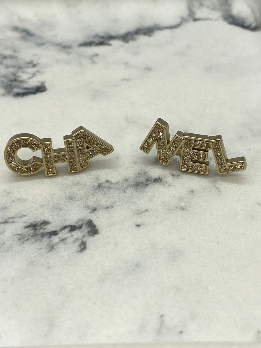 CHANEL Monogram Gold Tone Rhinestone Earrings - Pre owned