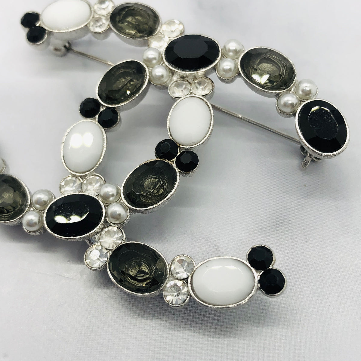 CHANEL CC Rhinestone Black & White Brooch Pin - USED