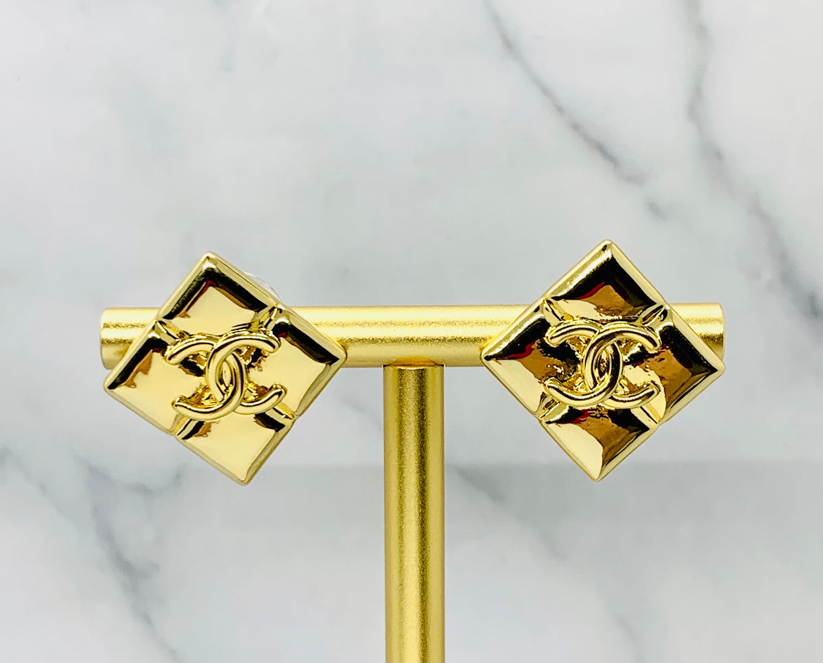 CHANEL CC Gold Tone Square Earrings - Pre owned