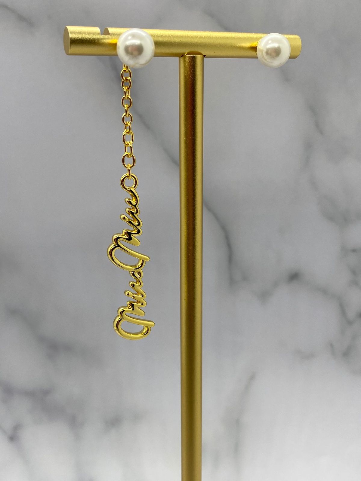 MIU MIU Gold Tone Script Pearl Pendant Earrings - Pre owned