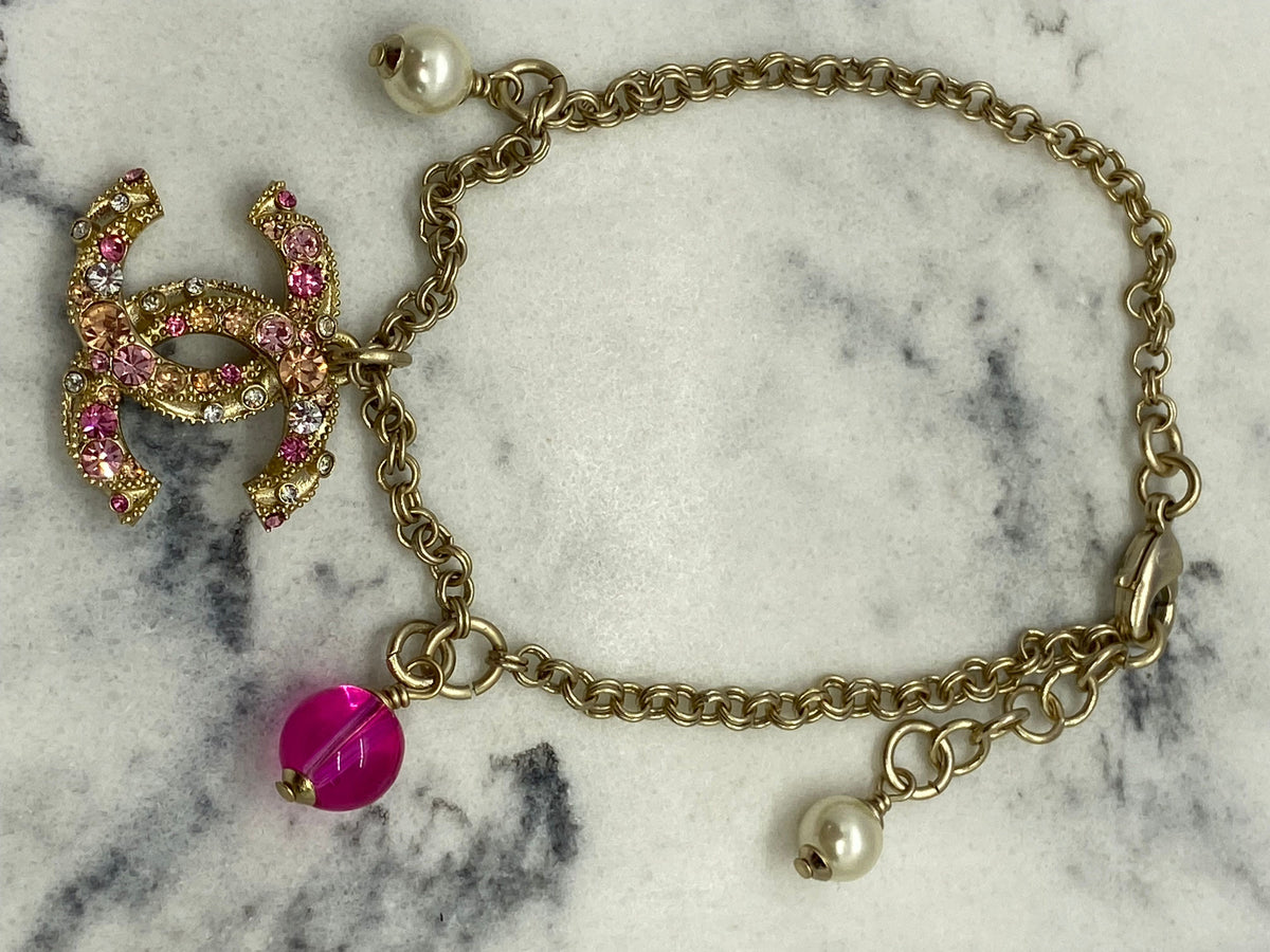CHANEL CC Pink Rhinestone Charm Bracelet - USED