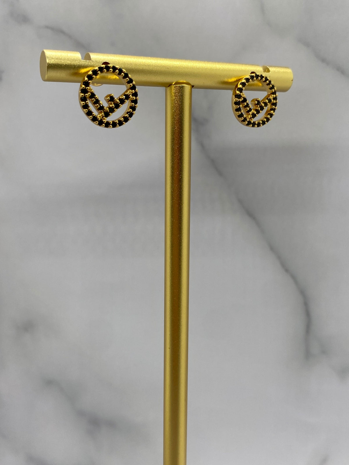FENDI F Gold Tone Black Rhinestone Small Earrings - Pre owned