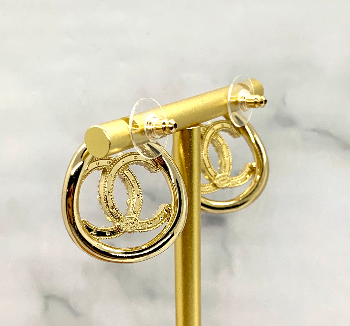 CHANEL CC Gold Tone Rhinestone Earrings - Pre owned