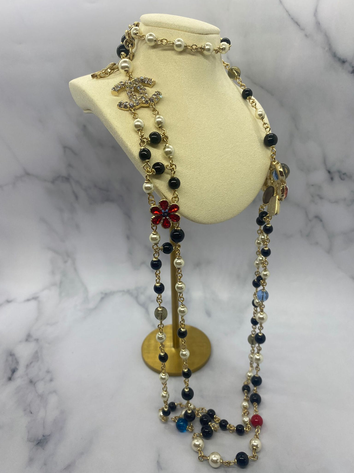 CHANEL CC Flower Rhinestone Layered Necklace - USED