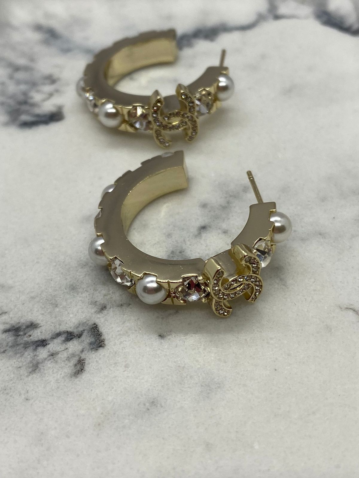 CHANEL CC Gold Tone Rhinestone Hoop Earrings - Pre owned