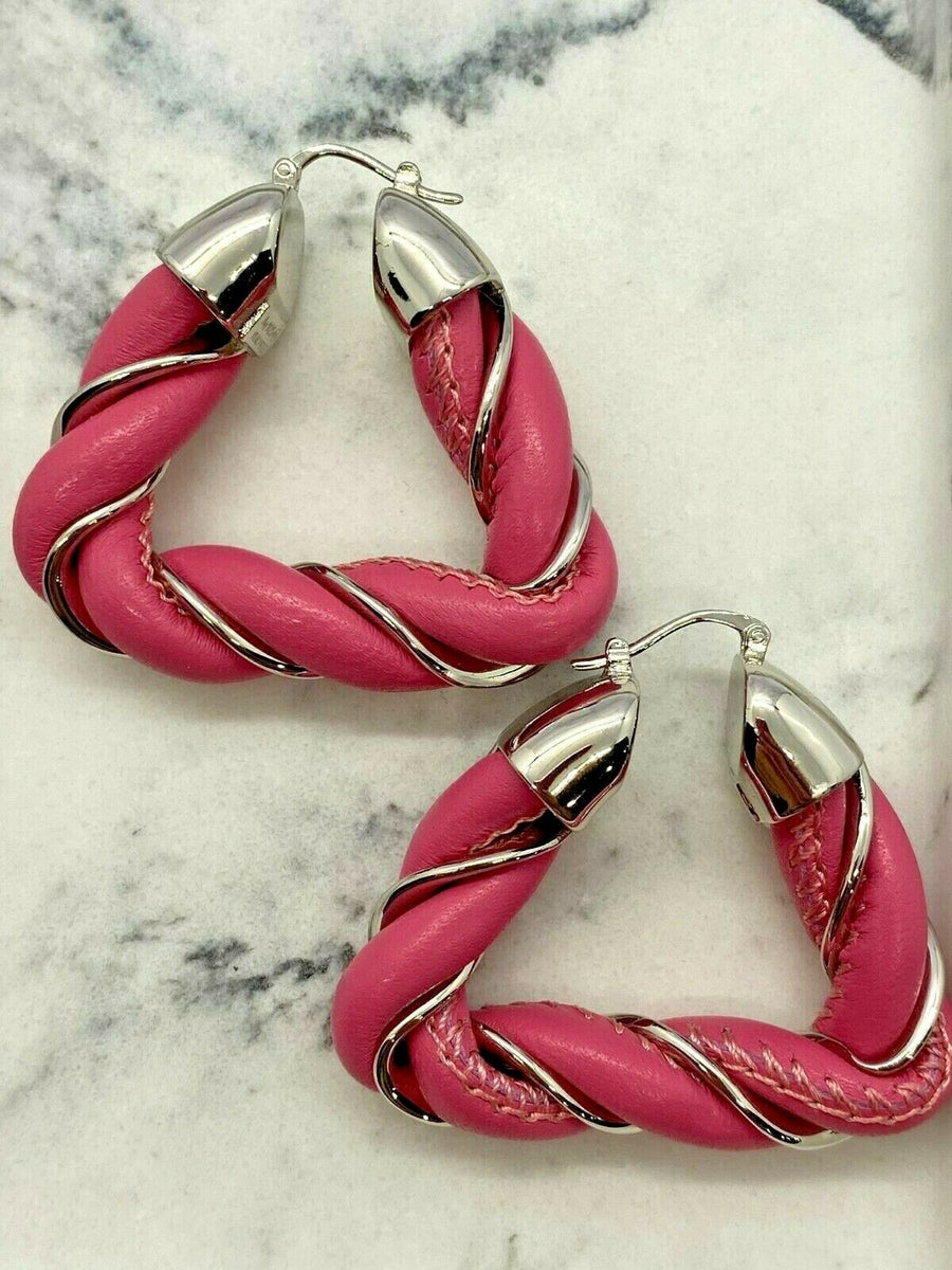BOTTEGA VENETA Silver Tone Pink Leather Hoop Earrings - Pre owned