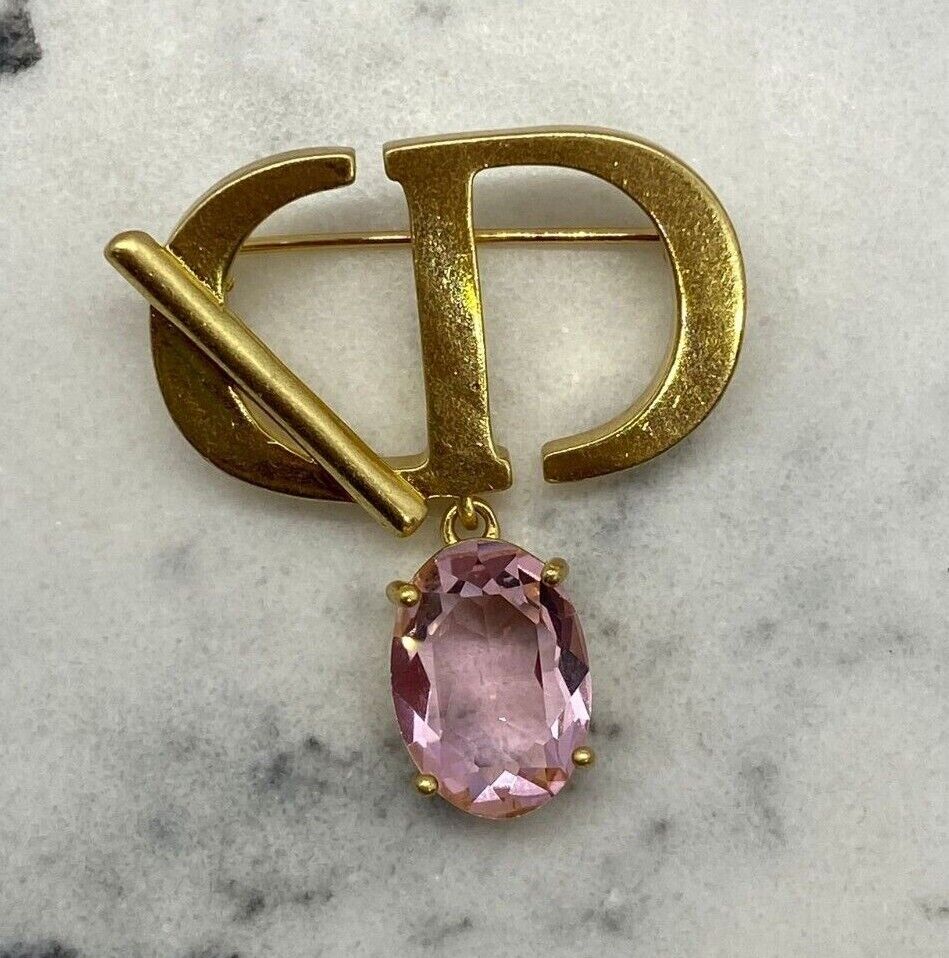 CHRISTIAN DIOR Brass Tone Rhinestone Brooch Pin - Pre owned