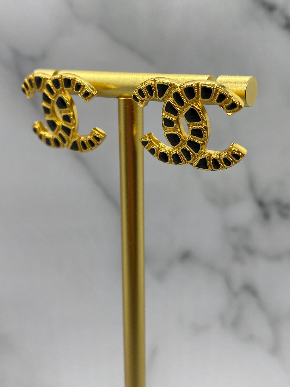 CHANEL CC Gold Tone Black Enamel Earrings - Pre owned