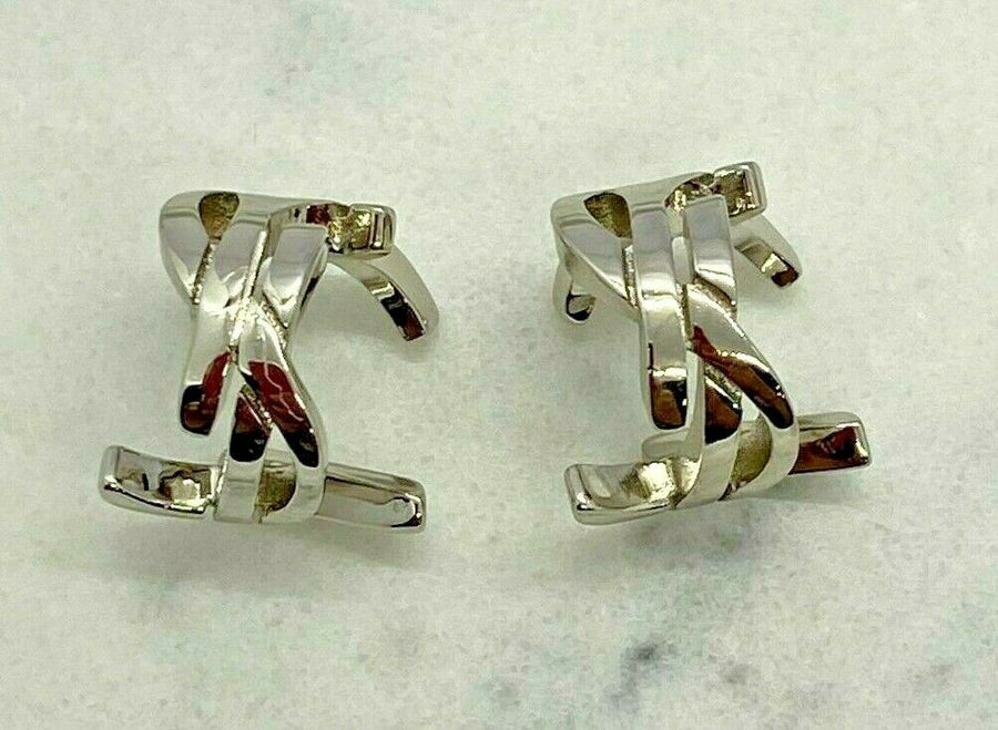 YSL Yves Saint Laurent Logo Silver Cuff Hoop Earrings - Pre owned
