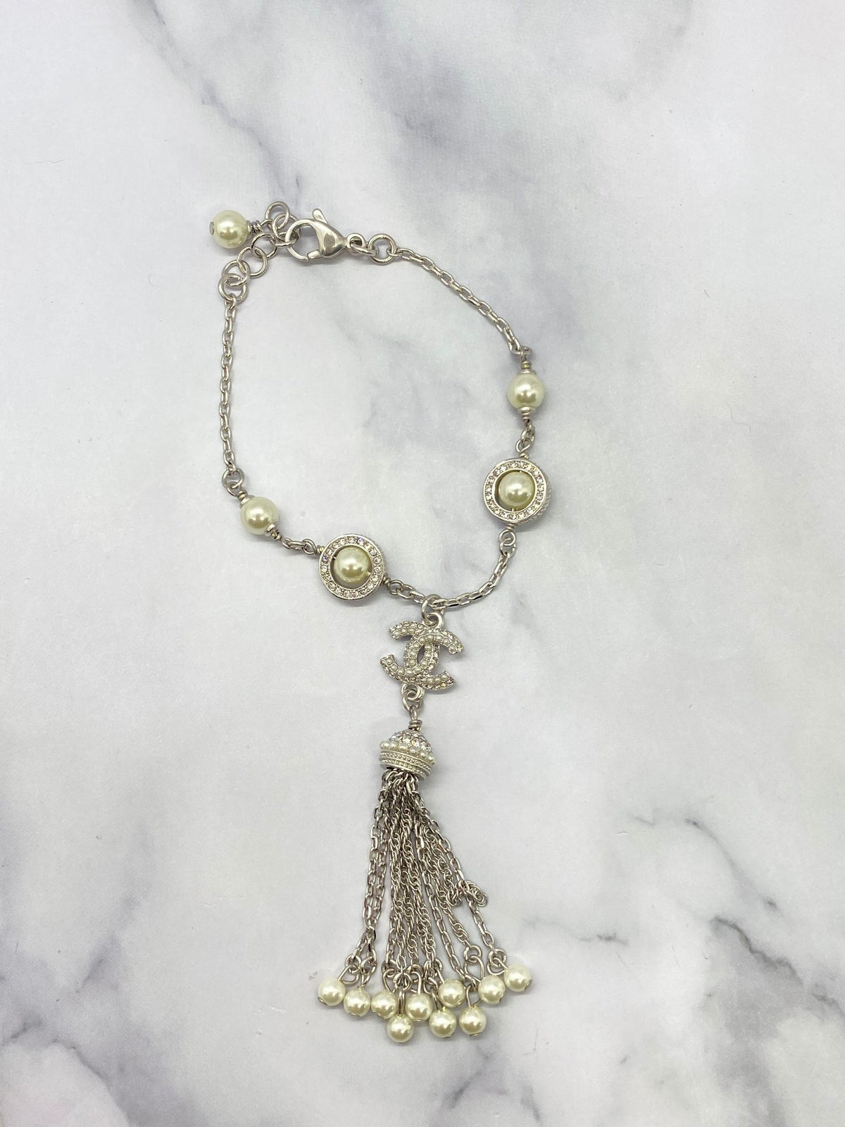 CHANEL CC Silver Tone Tassel Bracelet - Pre owned