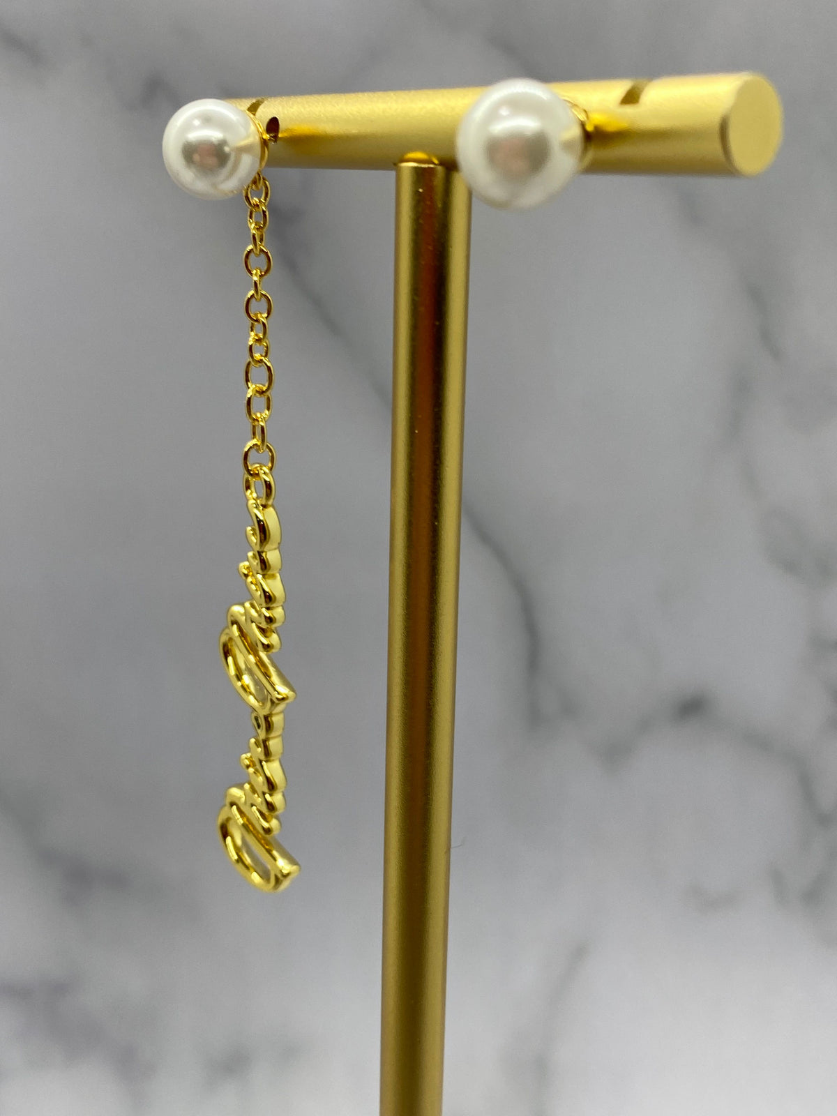 MIU MIU Gold Tone Script Pearl Pendant Earrings - Pre owned