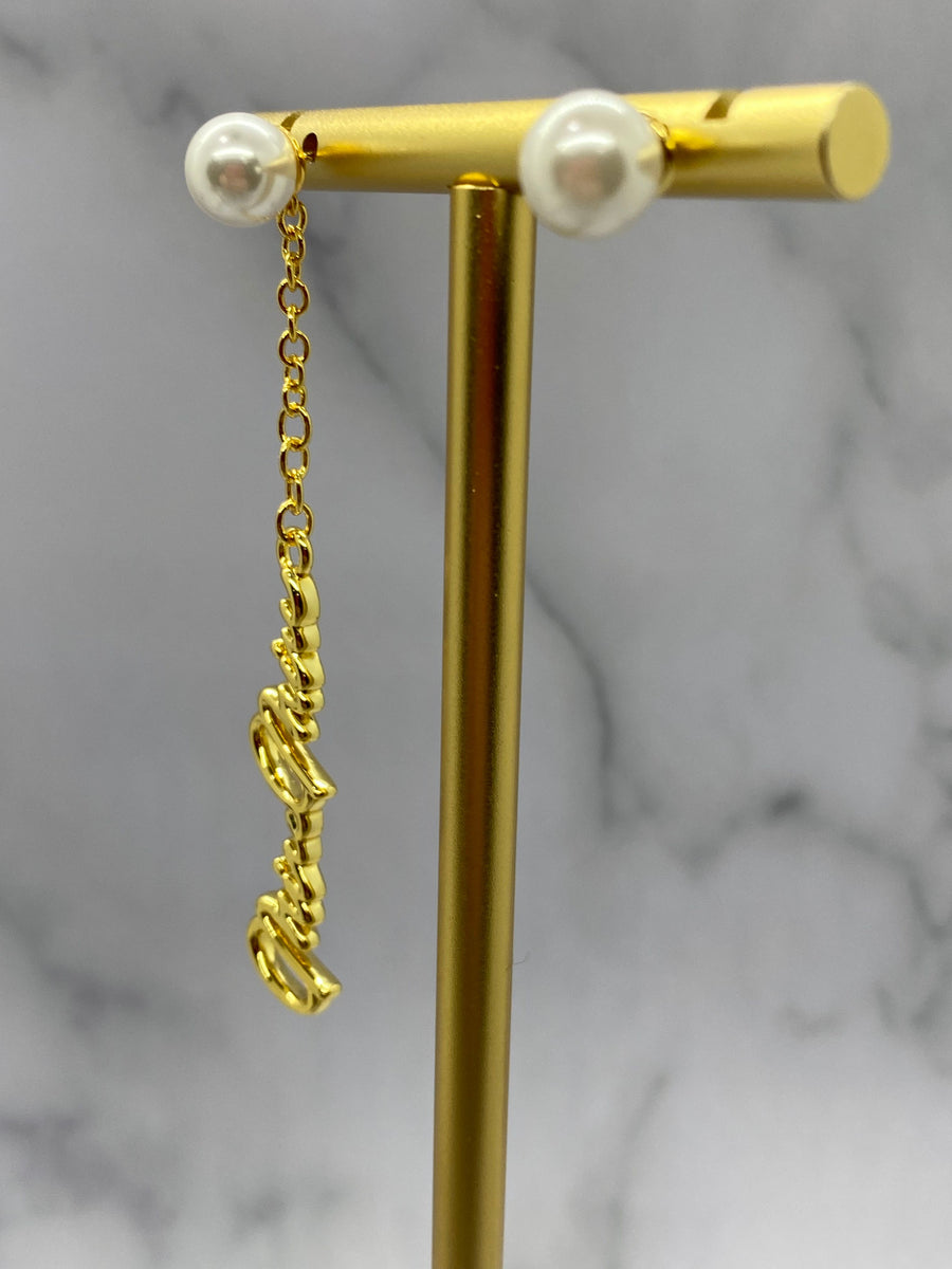MIU MIU Gold Tone Script Pearl Pendant Earrings - Pre owned