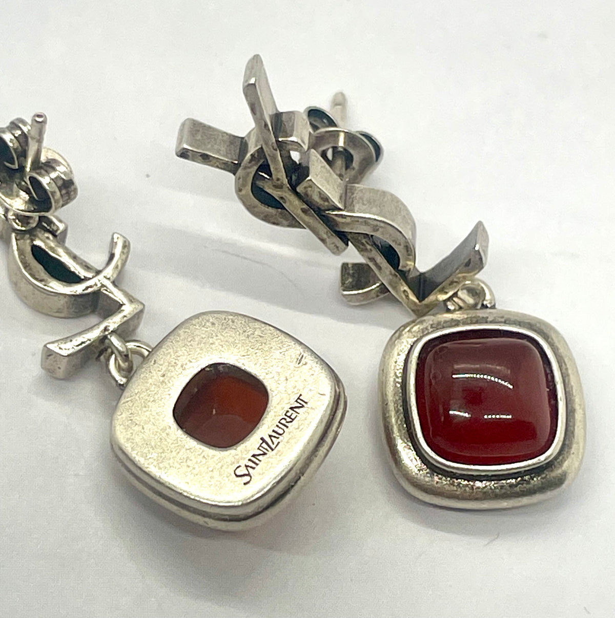 YSL YVES SAINT LAURENT Red Stone Pendant Monogram Earrings - Pre owned