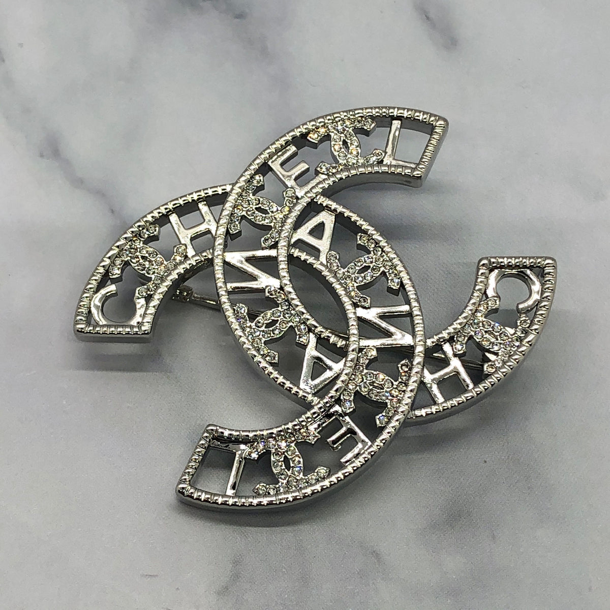 CHANEL CC Silver Tone Rhinestone Brooch Pin - Pre owned