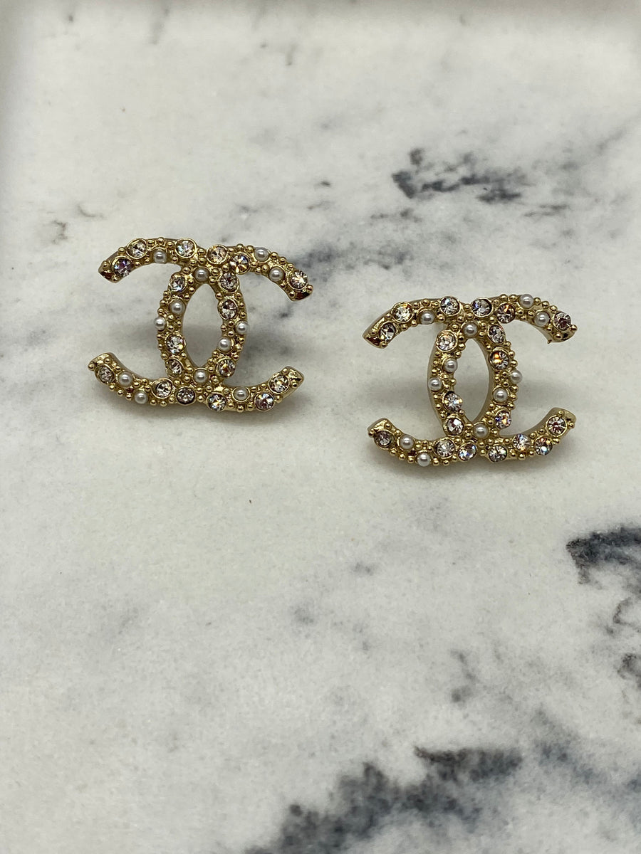 CHANEL CC Gold Tone Rhinestone Earrings - Pre owned