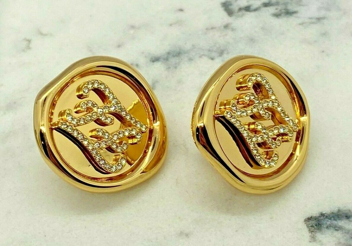 FENDI Gold Tone Rhinestone Monogram Earrings - Pre owned