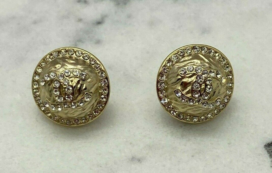 CHANEL CC Gold Tone & Rhinestone Button Earrings - USED